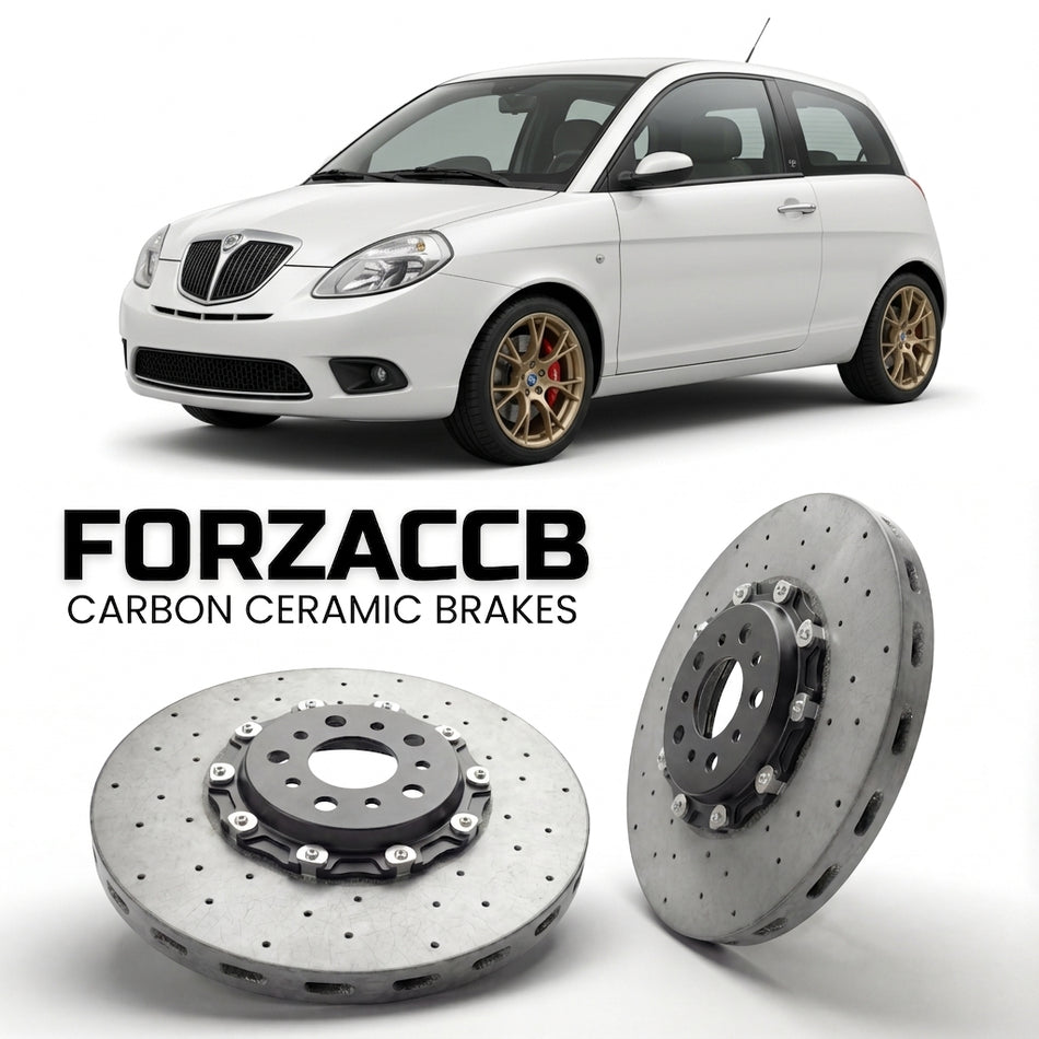 ForzaCCB direct OEM replacement carbon ceramic brake rotors for 2005 to 2006 Lancia Ypsilon 843 models, shown with a white Lancia Ypsilon car.