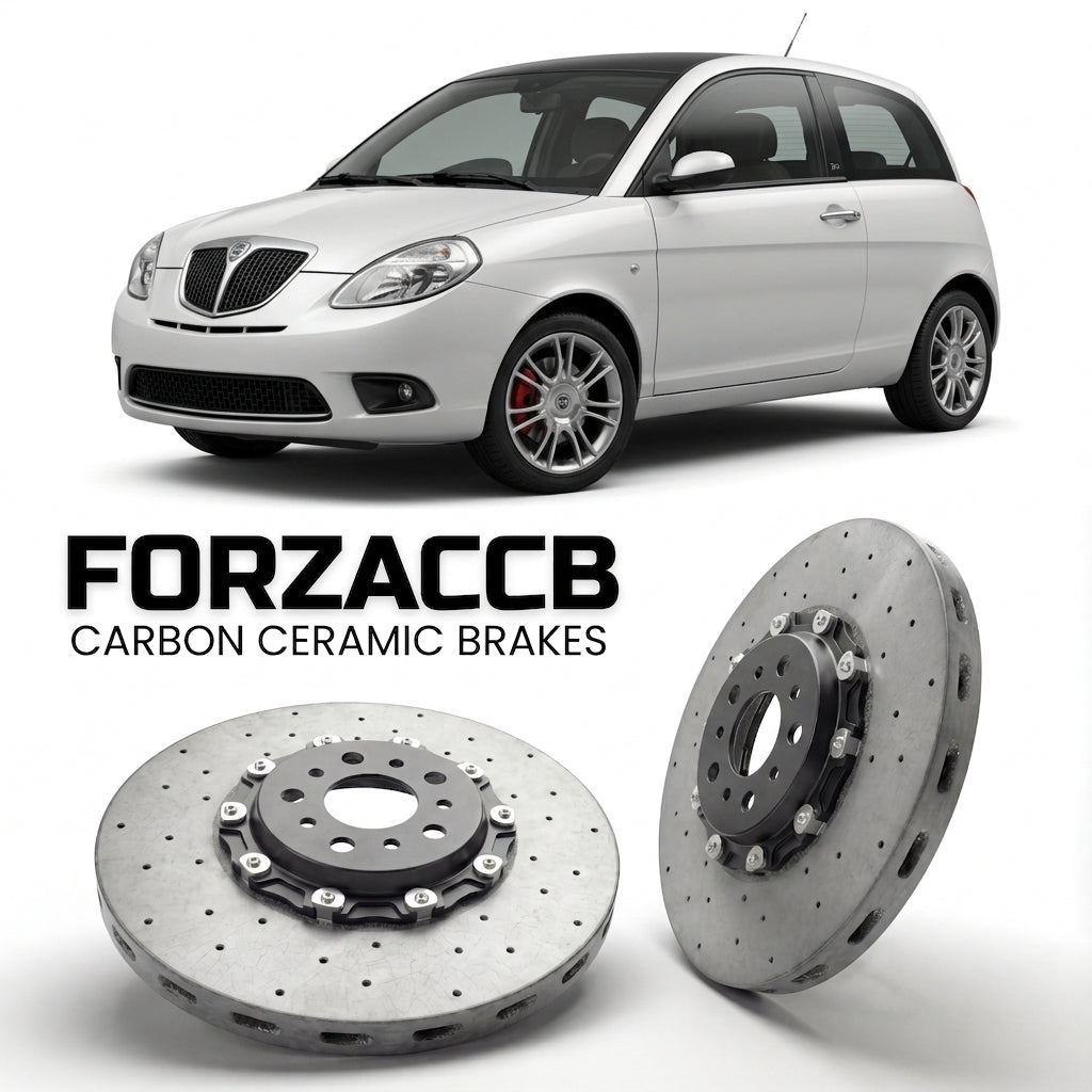 ForzaCCB direct OEM replacement carbon ceramic brake rotors for 2006 to 2011 Lancia Ypsilon 843, facelift 2006 models, shown with a white Lancia Ypsilon car.
