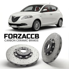ForzaCCB direct OEM replacement carbon ceramic brake rotors for 2011 to 2015 Lancia Ypsilon 846 models, shown with a white Lancia Ypsilon car.