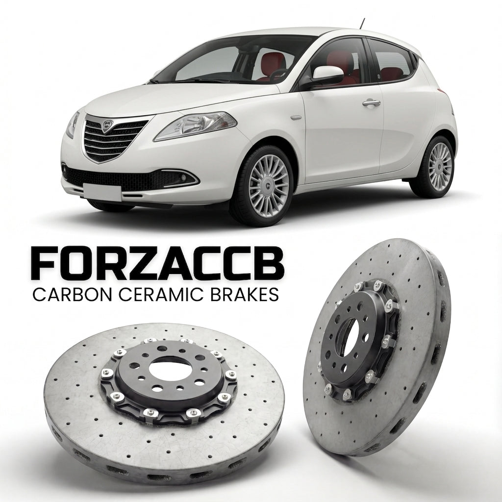 ForzaCCB direct OEM replacement carbon ceramic brake rotors for 2011 to 2015 Lancia Ypsilon 846 models, shown with a white Lancia Ypsilon car.