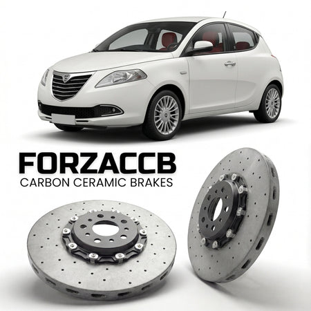 ForzaCCB direct OEM replacement carbon ceramic brake rotors for 2011 to 2015 Lancia Ypsilon 846 models, shown with a white Lancia Ypsilon car.