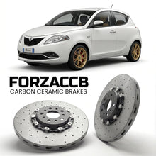 ForzaCCB direct OEM replacement carbon ceramic brake rotors for 2015 to 2018 Lancia Ypsilon 846, facelift 2015 models, shown with a white Lancia Ypsilon car.