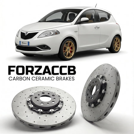 ForzaCCB direct OEM replacement carbon ceramic brake rotors for 2015 to 2018 Lancia Ypsilon 846, facelift 2015 models, shown with a white Lancia Ypsilon car.