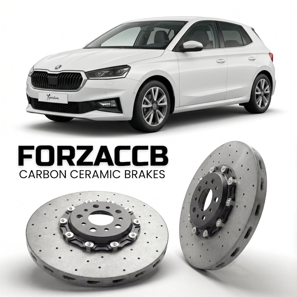 ForzaCCB direct OEM replacement carbon ceramic brake rotors for 2021 to 2024 Lancia Ypsilon 846, facelift 2021 models, shown with a white Lancia Ypsilon car.
