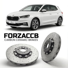 ForzaCCB direct OEM replacement carbon ceramic brake rotors for 2021 to 2024 Lancia Ypsilon 846, facelift 2021 models, shown with a white Lancia Ypsilon car.
