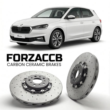ForzaCCB direct OEM replacement carbon ceramic brake rotors for 2021 to 2024 Lancia Ypsilon 846, facelift 2021 models, shown with a white Lancia Ypsilon car.
