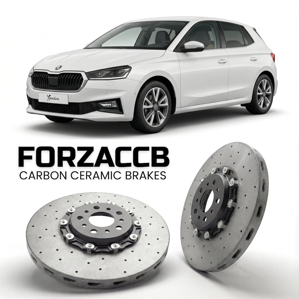 ForzaCCB direct OEM replacement carbon ceramic brake rotors for 2021 to 2024 Lancia Ypsilon 846, facelift 2021 models, shown with a white Lancia Ypsilon car.