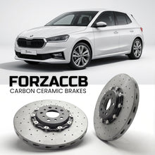 ForzaCCB direct OEM replacement carbon ceramic brake rotors for 2024 and newer Lancia Ypsilon L21 models, shown with a white Lancia Ypsilon car.