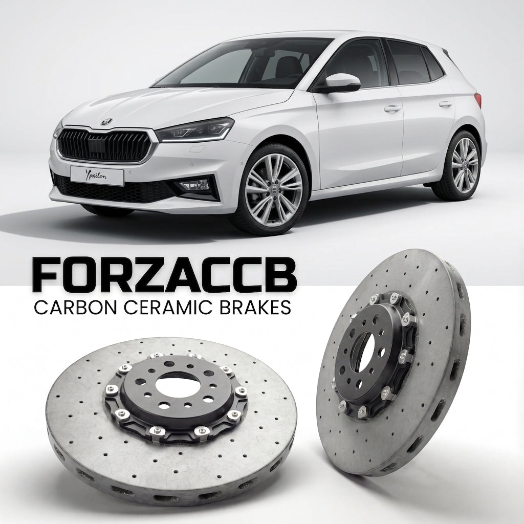 ForzaCCB direct OEM replacement carbon ceramic brake rotors for 2024 and newer Lancia Ypsilon L21 models, shown with a white Lancia Ypsilon car.