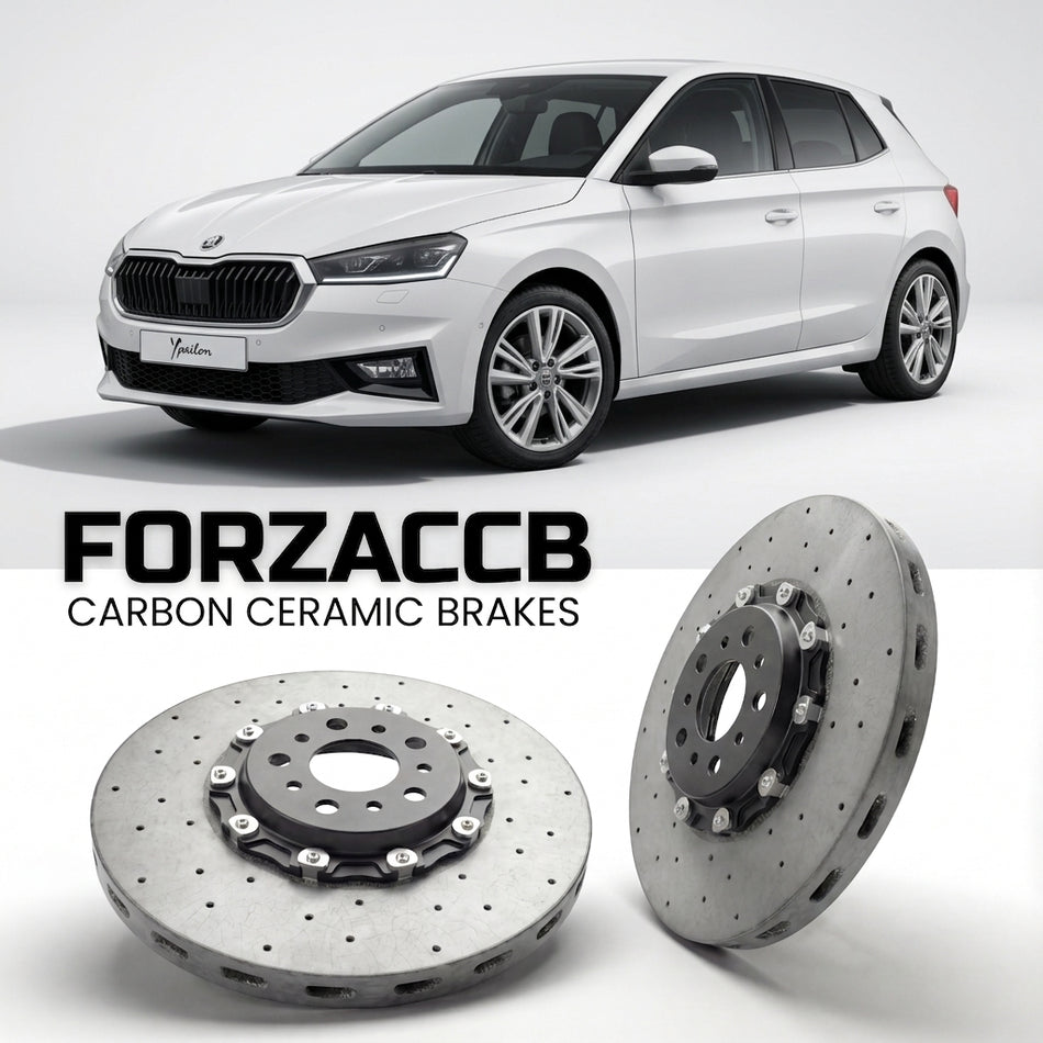 ForzaCCB direct OEM replacement carbon ceramic brake rotors for 2024 and newer Lancia Ypsilon L21 models, shown with a white Lancia Ypsilon car.
