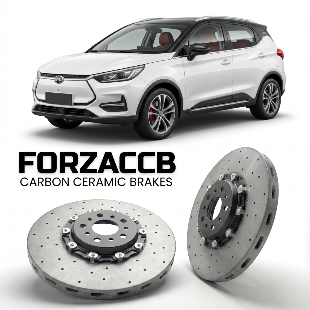 ForzaCCB direct OEM replacement carbon ceramic brake rotors for 2020 to 2021 BYD Yuan EV models, shown with a white BYD Yuan car.