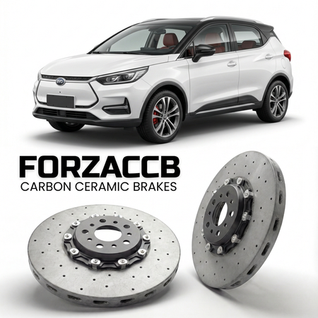 ForzaCCB direct OEM replacement carbon ceramic brake rotors for 2020 to 2021 BYD Yuan EV models, shown with a white BYD Yuan car.