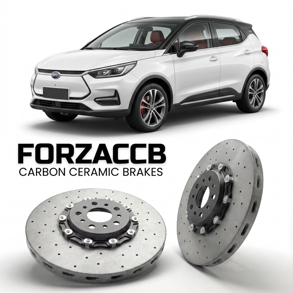 ForzaCCB direct OEM replacement carbon ceramic brake rotors for 2020 to 2021 BYD Yuan EV models, shown with a white BYD Yuan car.