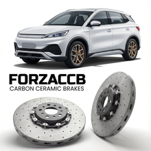ForzaCCB direct OEM replacement carbon ceramic brake rotors for 2025 and newer BYD Yuan Plus facelift 2025 models, shown with a white BYD Yuan Plus car.