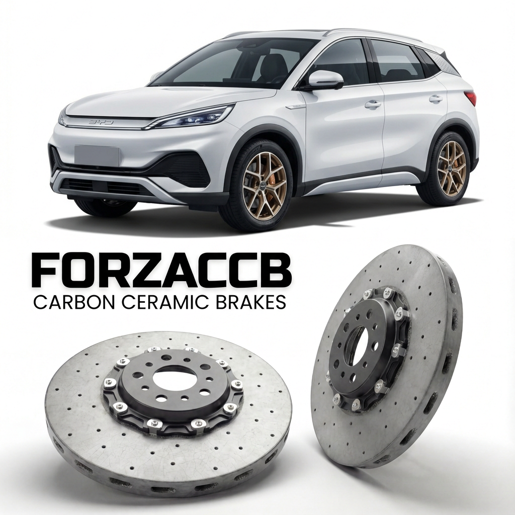 ForzaCCB direct OEM replacement carbon ceramic brake rotors for 2025 and newer BYD Yuan Plus facelift 2025 models, shown with a white BYD Yuan Plus car.