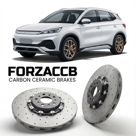 ForzaCCB direct OEM replacement carbon ceramic brake rotors for 2025 and newer BYD Yuan Plus facelift 2025 models, shown with a white BYD Yuan Plus car.