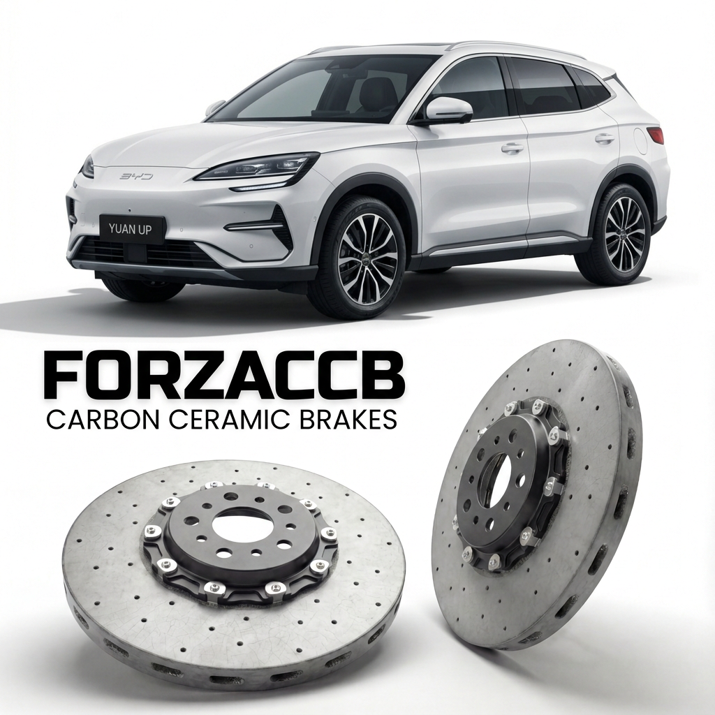 ForzaCCB direct OEM replacement carbon ceramic brake rotors for 2024 and newer BYD Yuan Up models, shown with a white BYD Yuan Up car.