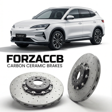 ForzaCCB direct OEM replacement carbon ceramic brake rotors for 2024 and newer BYD Yuan Up models, shown with a white BYD Yuan Up car.