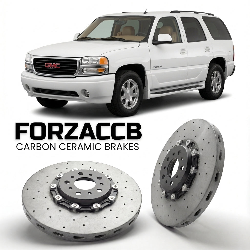 ForzaCCB direct OEM replacement carbon ceramic brake rotors for 2005-2006) GMC Yukon II (GMT800 models, shown with a white GMC Yukon car.