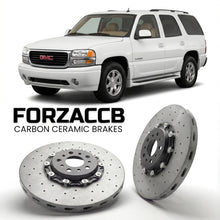 ForzaCCB direct OEM replacement carbon ceramic brake rotors for 2005-2006) GMC Yukon II (GMT800 models, shown with a white GMC Yukon car.