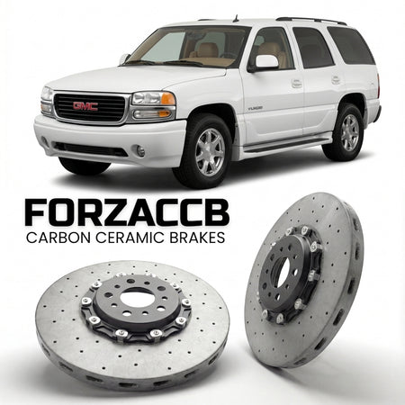 ForzaCCB direct OEM replacement carbon ceramic brake rotors for 2005-2006) GMC Yukon II (GMT800 models, shown with a white GMC Yukon car.
