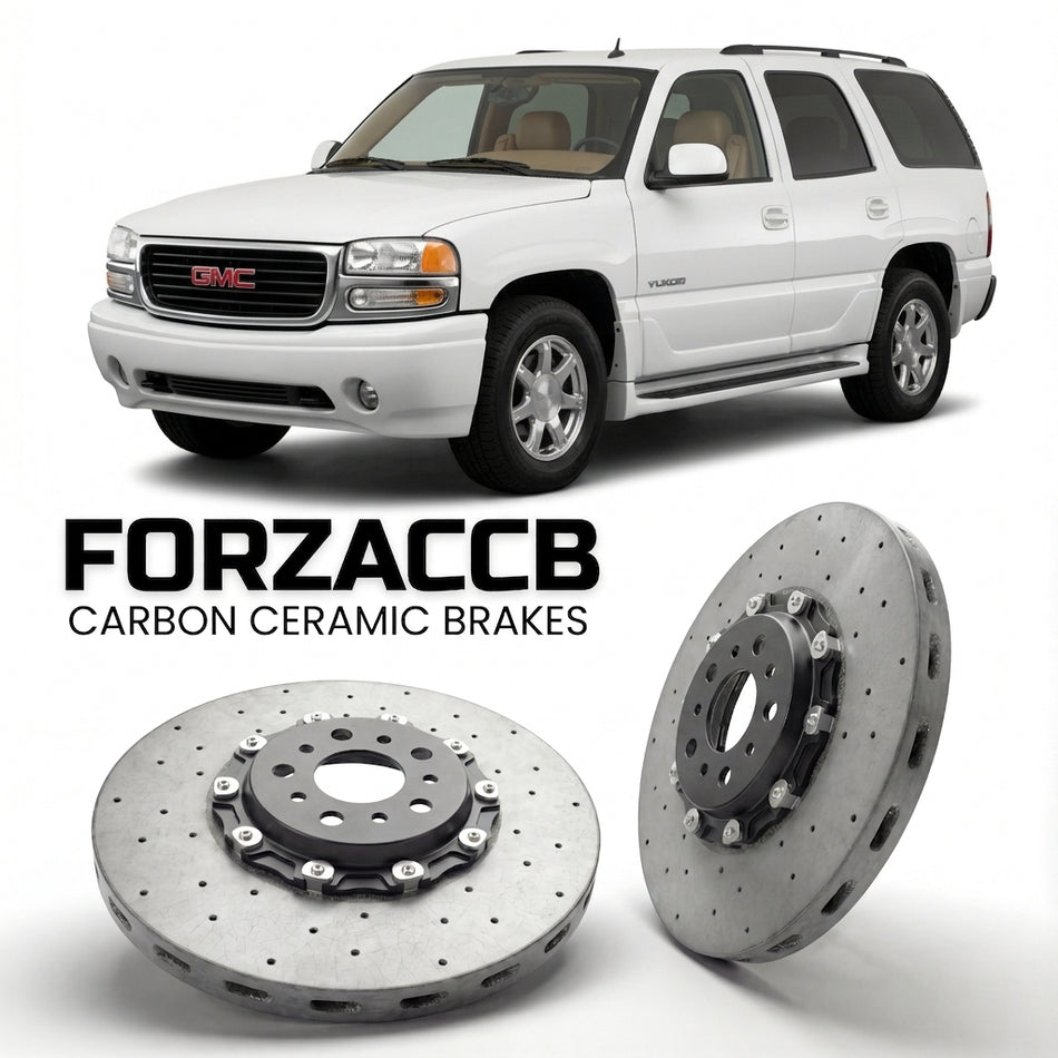 ForzaCCB direct OEM replacement carbon ceramic brake rotors for 2005-2006) GMC Yukon II (GMT800 models, shown with a white GMC Yukon car.