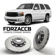 ForzaCCB direct OEM replacement carbon ceramic brake rotors for 2005-2006) GMC Yukon XL II (GMT800 models, shown with a white GMC Yukon car.