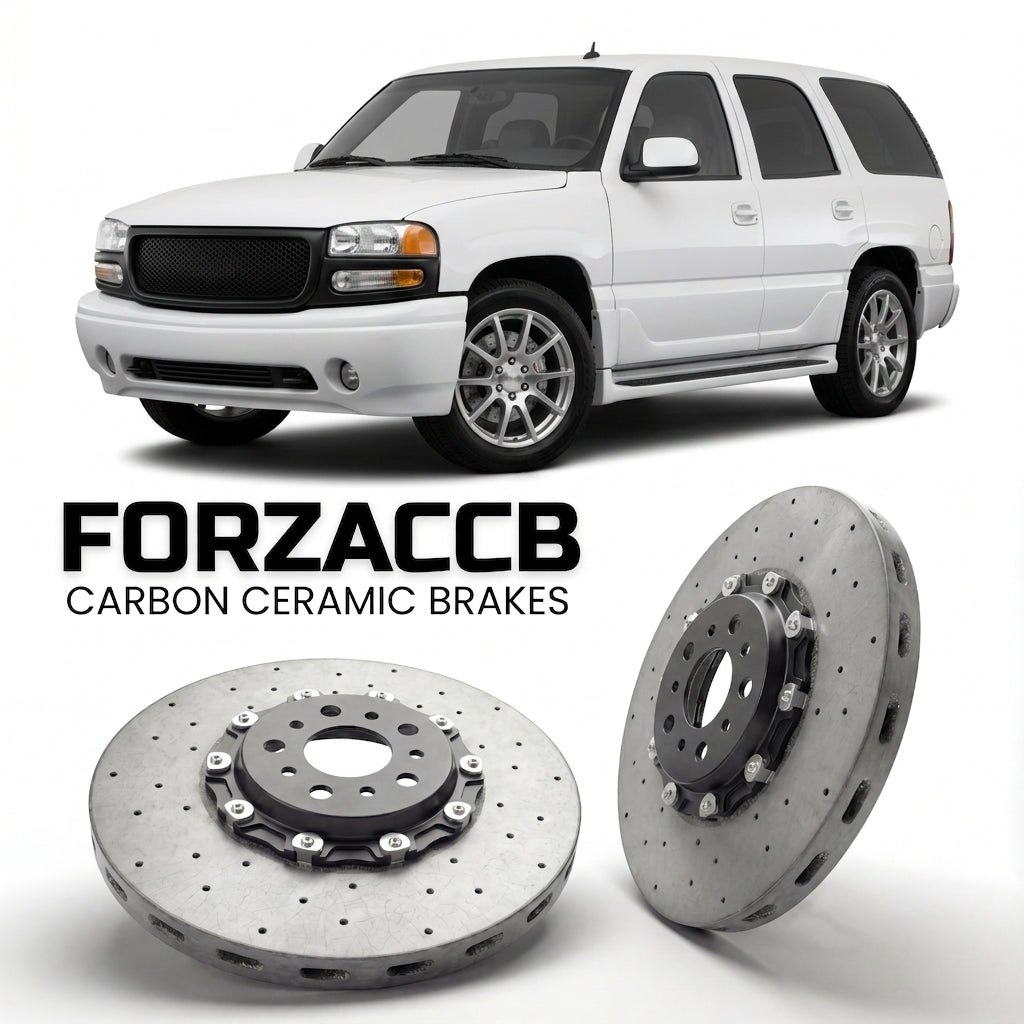 ForzaCCB direct OEM replacement carbon ceramic brake rotors for 2005-2006) GMC Yukon XL II (GMT800 models, shown with a white GMC Yukon car.