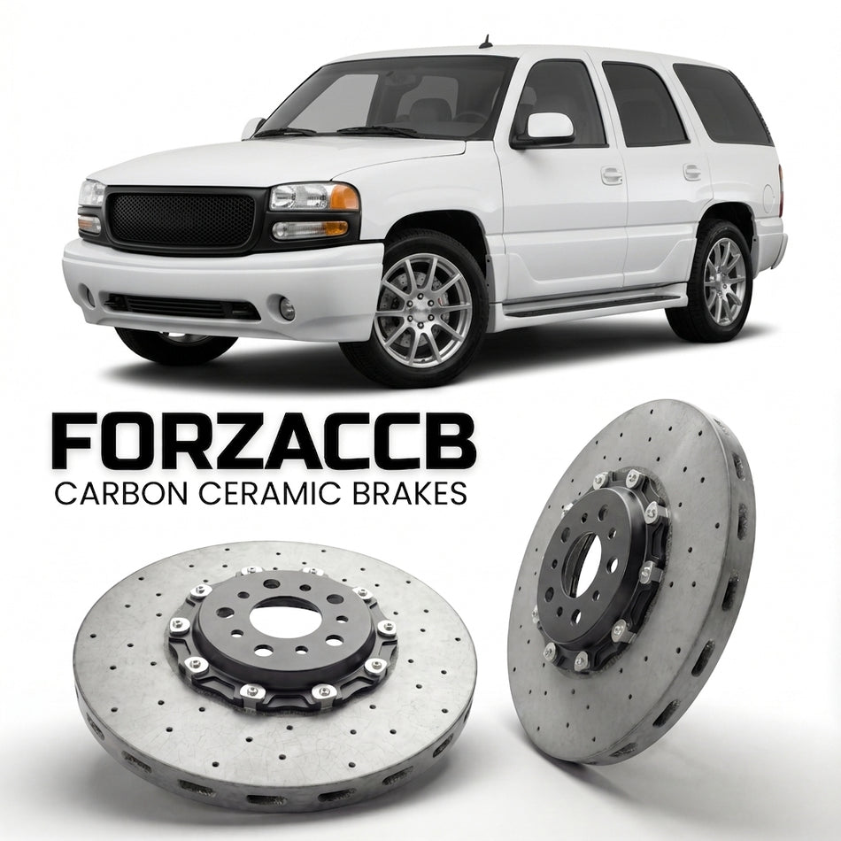 ForzaCCB direct OEM replacement carbon ceramic brake rotors for 2005-2006) GMC Yukon XL II (GMT800 models, shown with a white GMC Yukon car.