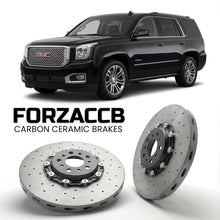 ForzaCCB direct OEM replacement carbon ceramic brake rotors for 2006-2014) GMC Yukon III (GMT900 models, shown with a white GMC Yukon car.