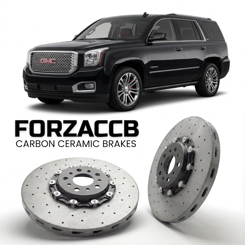 ForzaCCB direct OEM replacement carbon ceramic brake rotors for 2006-2014) GMC Yukon III (GMT900 models, shown with a white GMC Yukon car.