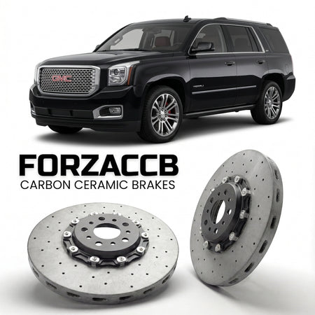 ForzaCCB direct OEM replacement carbon ceramic brake rotors for 2006-2014) GMC Yukon III (GMT900 models, shown with a white GMC Yukon car.