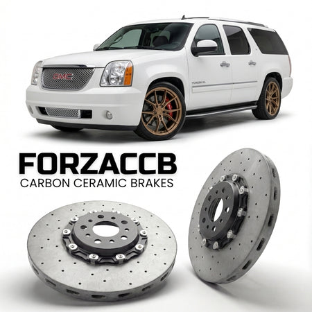 ForzaCCB direct OEM replacement carbon ceramic brake rotors for 2007-2013) GMC Yukon XL III (GMT900 models, shown with a white GMC Yukon car.