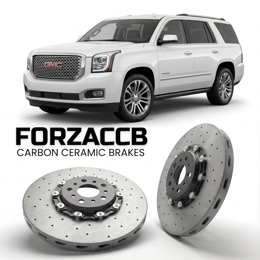 ForzaCCB direct OEM replacement carbon ceramic brake rotors for 2014 to 2019 GMC Yukon IV models, shown with a white GMC Yukon car.