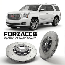 ForzaCCB direct OEM replacement carbon ceramic brake rotors for 2014 to 2019 GMC Yukon IV models, shown with a white GMC Yukon car.