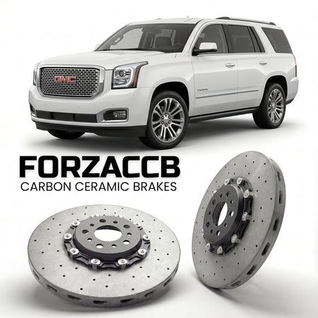 ForzaCCB direct OEM replacement carbon ceramic brake rotors for 2014 to 2019 GMC Yukon IV models, shown with a white GMC Yukon car.