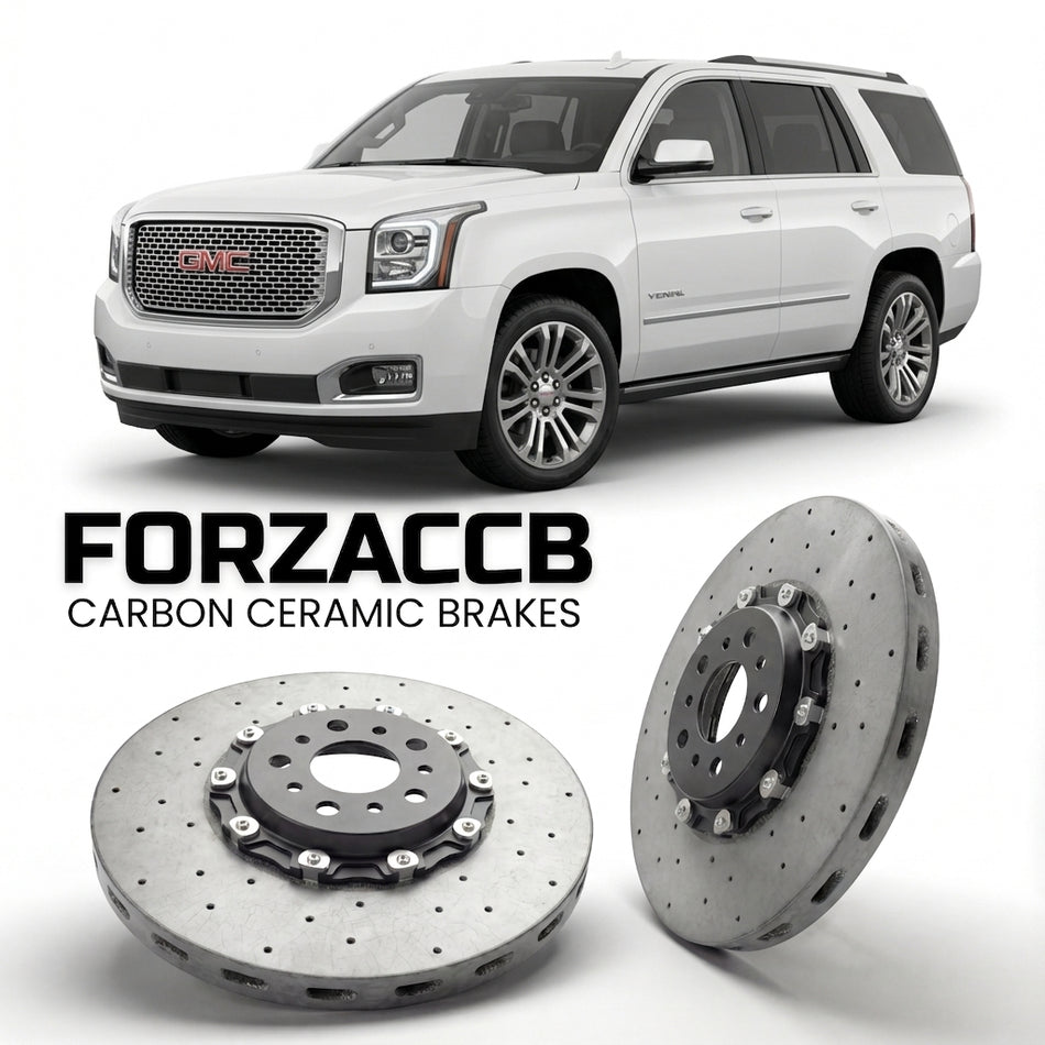 ForzaCCB direct OEM replacement carbon ceramic brake rotors for 2014 to 2019 GMC Yukon IV models, shown with a white GMC Yukon car.