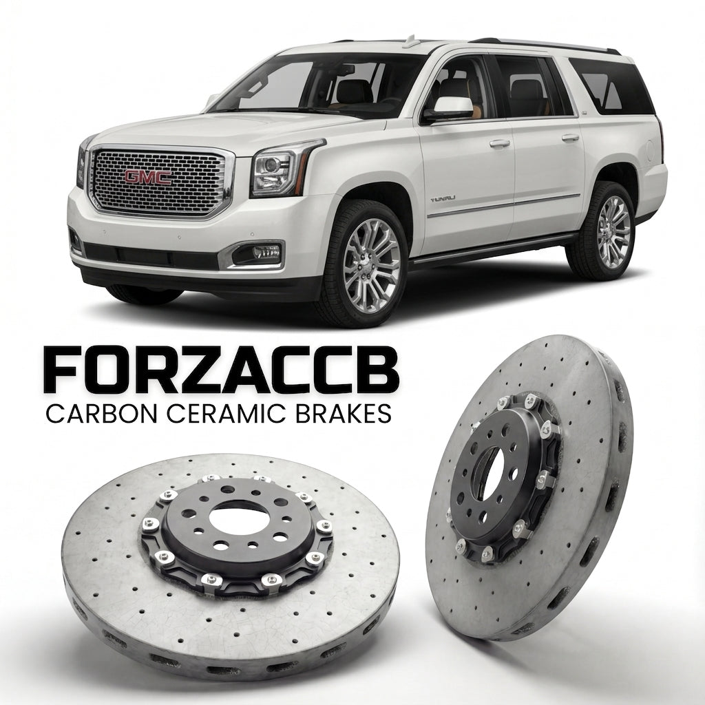 ForzaCCB direct OEM replacement carbon ceramic brake rotors for 2014 to 2019 GMC Yukon XL IV models, shown with a white GMC Yukon car.