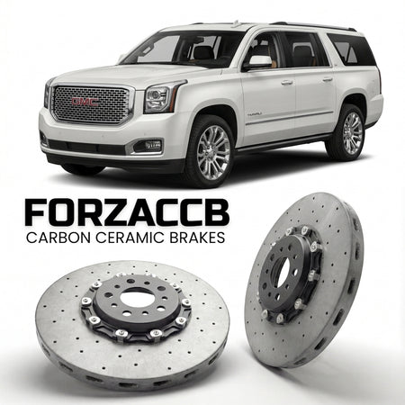 ForzaCCB direct OEM replacement carbon ceramic brake rotors for 2014 to 2019 GMC Yukon XL IV models, shown with a white GMC Yukon car.