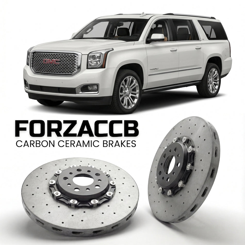 ForzaCCB direct OEM replacement carbon ceramic brake rotors for 2014 to 2019 GMC Yukon XL IV models, shown with a white GMC Yukon car.