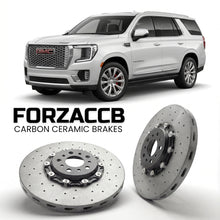 ForzaCCB direct OEM replacement carbon ceramic brake rotors for 2020 to 2024 GMC Yukon V models, shown with a white GMC Yukon car.