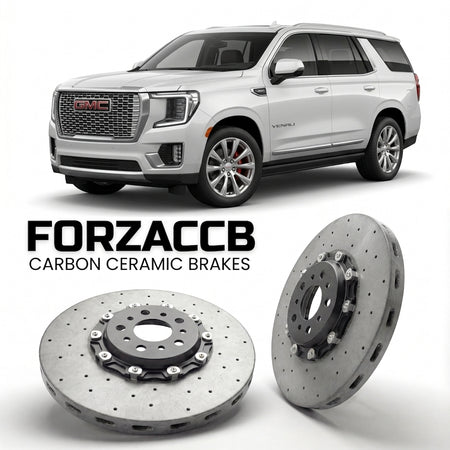 ForzaCCB direct OEM replacement carbon ceramic brake rotors for 2020 to 2024 GMC Yukon V models, shown with a white GMC Yukon car.