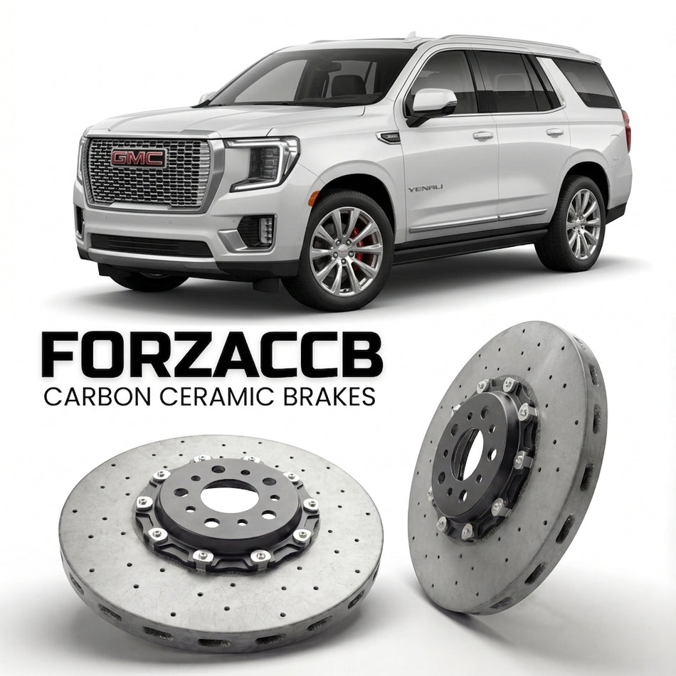 ForzaCCB direct OEM replacement carbon ceramic brake rotors for 2020 to 2024 GMC Yukon V models, shown with a white GMC Yukon car.