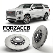 ForzaCCB direct OEM replacement carbon ceramic brake rotors for 2020 to 2024 GMC Yukon XL V models, shown with a white GMC Yukon car.