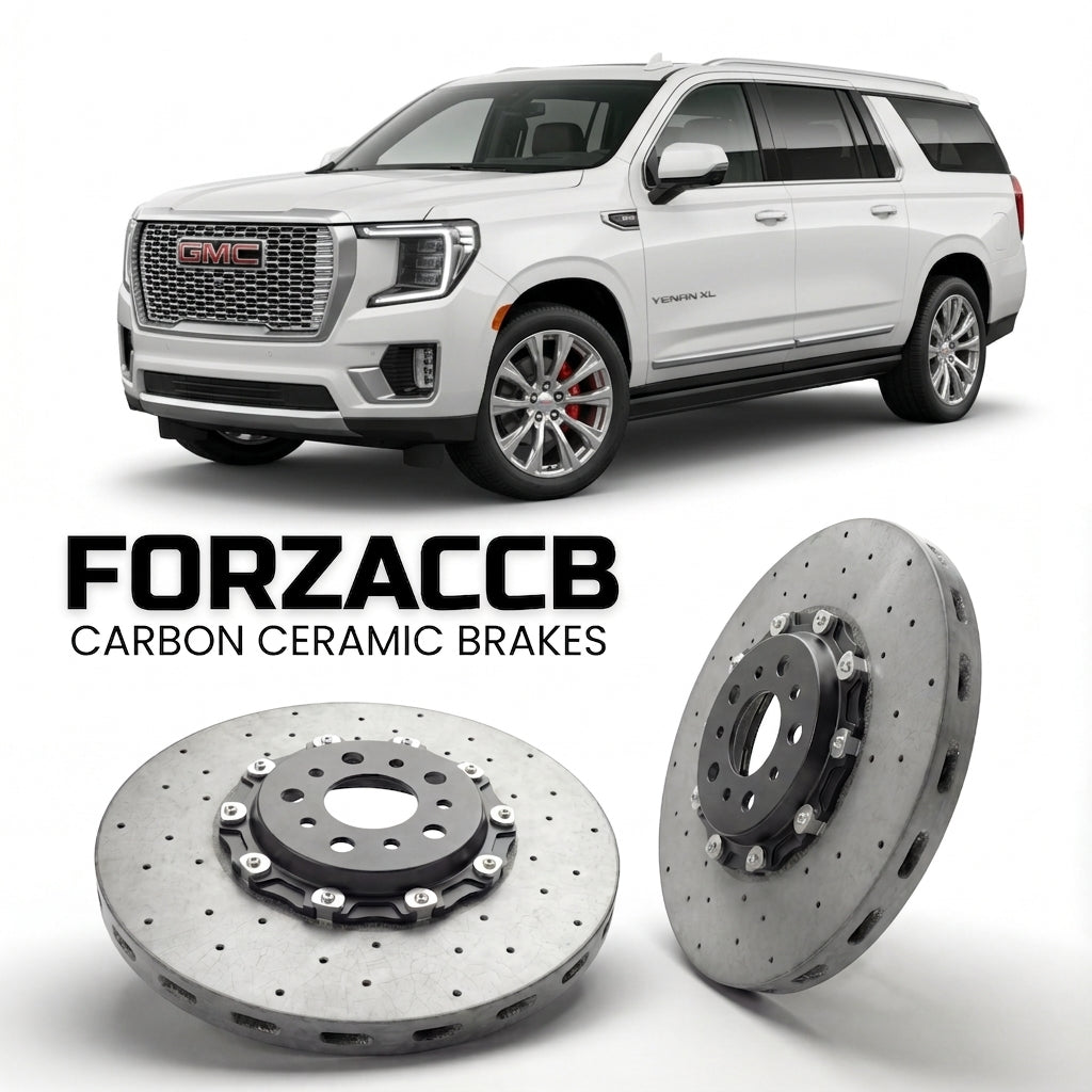 ForzaCCB direct OEM replacement carbon ceramic brake rotors for 2020 to 2024 GMC Yukon XL V models, shown with a white GMC Yukon car.