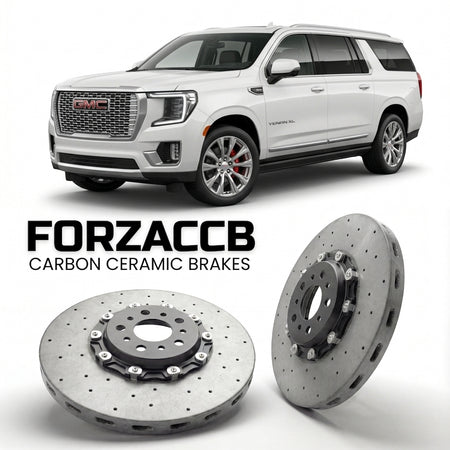 ForzaCCB direct OEM replacement carbon ceramic brake rotors for 2020 to 2024 GMC Yukon XL V models, shown with a white GMC Yukon car.