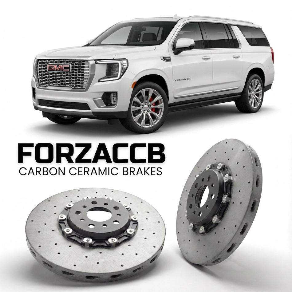ForzaCCB direct OEM replacement carbon ceramic brake rotors for 2020 to 2024 GMC Yukon XL V models, shown with a white GMC Yukon car.