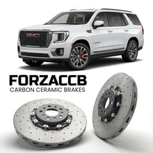 ForzaCCB direct OEM replacement carbon ceramic brake rotors for 2024+) GMC Yukon V (facelift 2024 models, shown with a white GMC Yukon car.