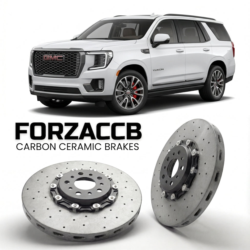 ForzaCCB direct OEM replacement carbon ceramic brake rotors for 2024+) GMC Yukon V (facelift 2024 models, shown with a white GMC Yukon car.