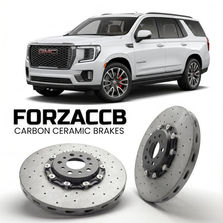 ForzaCCB direct OEM replacement carbon ceramic brake rotors for 2024+) GMC Yukon V (facelift 2024 models, shown with a white GMC Yukon car.